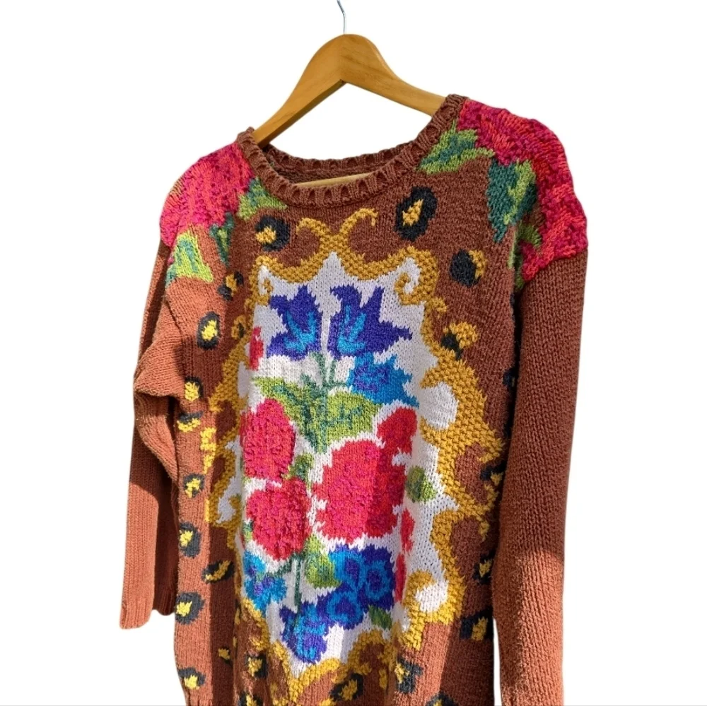 Vintage Floral Leopard Intarsia Knit Sweater Brown Red Cottagecore Grandmacore M - Picture 8 of 11